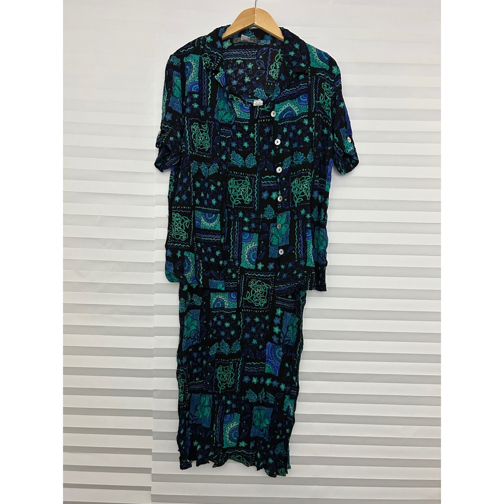 CM Shapes Vintage 2 Piece Set Dress and Button Down Shirt Blue Green Rayon 14/16